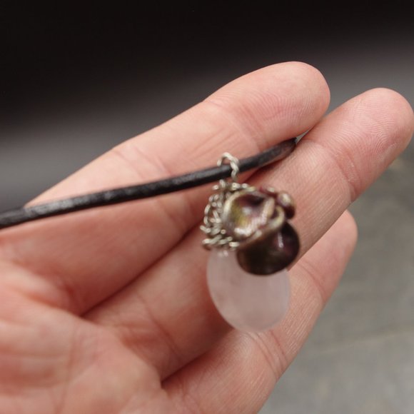 Light Pink Rose Quartz Stone Pendant with Sculpted Clay Detail on a Faux Leather - Picture 6 of 6